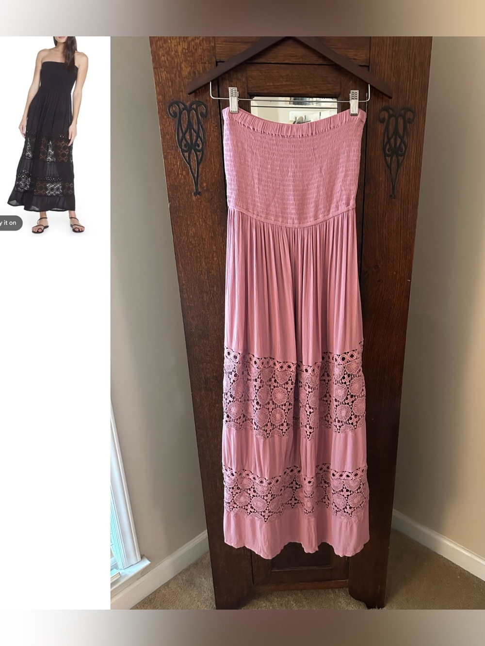 Chelsea 28 Pink Strapless Maxi Dress with Crochet Panels Boho Size Small